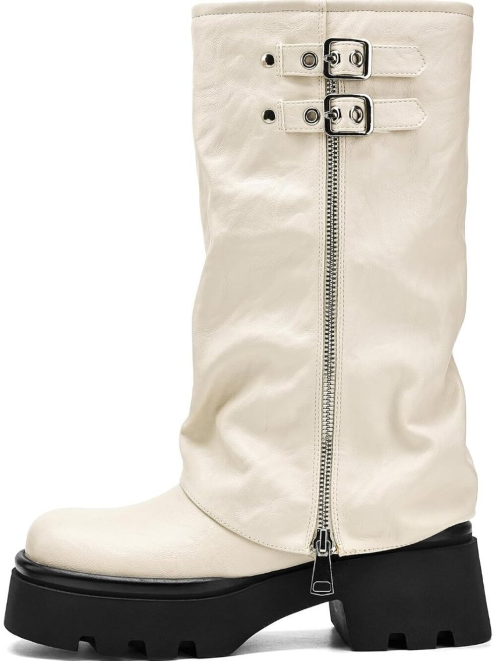 Women's White Faux Leather Knee High Moto Boots Wide Calf Platform Buckle Boots - Picture 4 of 6
